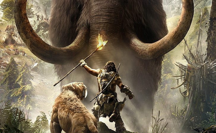 Far Cry Primal Woolly Mammoth, animal body part, tree, primate, two animals Free HD Wallpaper