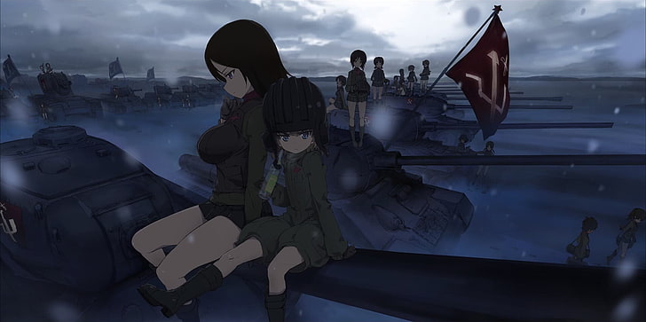 Girls Und Panzer Schools, kv1, nautical vessel, people, sky Free HD Wallpaper