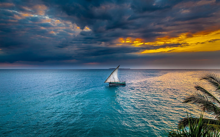 High Resolution Sailboat Sunset, idyllic, mode of transportation, no people, nautical vessel Free HD Wallpaper