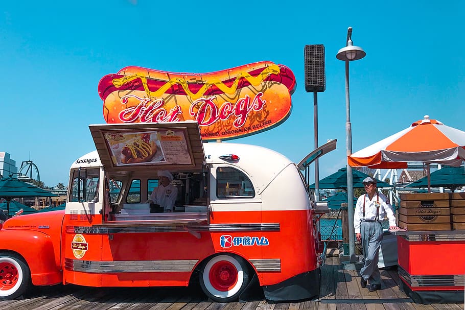Hot Dog Cart Food Trucks, sell, festival, car, protection Free HD Wallpaper