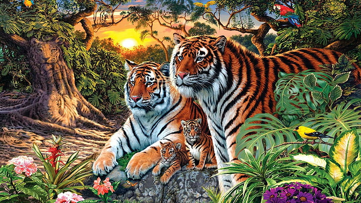 How Many Tigers Are There, tiger, tree, cub, illusion Free HD Wallpaper