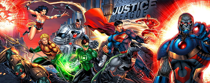 Justice League vs Darkseid, built structure, cyborg, multi colored, batman