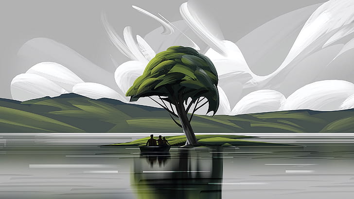 lake, digital art, art, tree Free HD Wallpaper