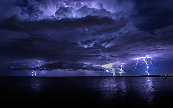 Lighting Dark Clouds, sea, Flash, lightning, flash Free HD Wallpaper