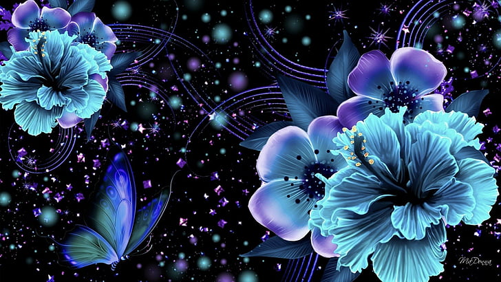 Lupine Blue Butterfly, artistic, flower, purple, sparkles Free HD Wallpaper