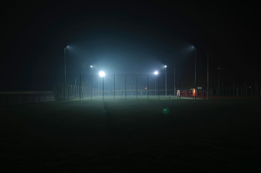 Night Field, soccer, green color, spot lit, electric lamp Free HD Wallpaper