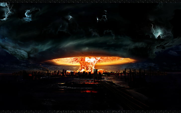 Nuclear Explosion Mushroom Cloud, storm, explosion, buildings, dark Free HD Wallpaper