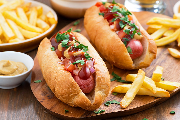 Nutritious Diet, prepared potato, hot dog, vegetable, fried potato Free HD Wallpaper