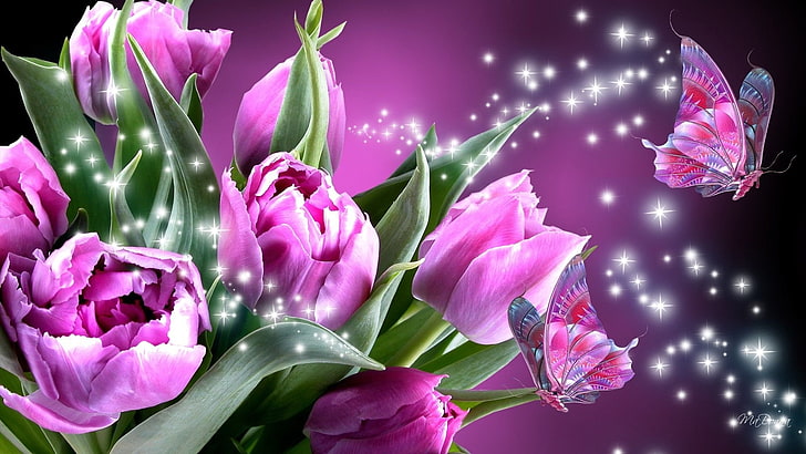 Pink Butterfly Wings, artistic, tulip, sparkles, flower Free HD Wallpaper