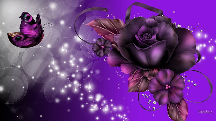 Purple Rose with Butterfly, plant, nature, sparkles, digital composite Free HD Wallpaper