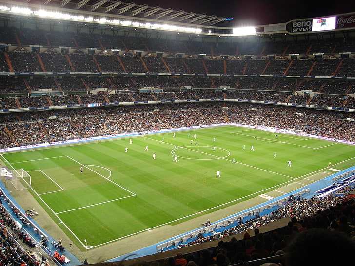 Real Madrid Bernabeu, football, night, stadium, football  ball Free HD Wallpaper