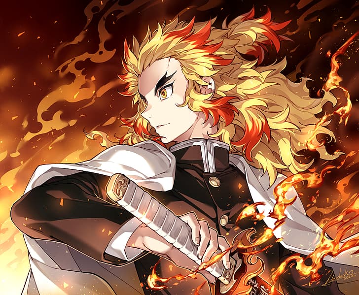 Rengoku Flame, long hair, cape, yellow hair, nardack Free HD Wallpaper