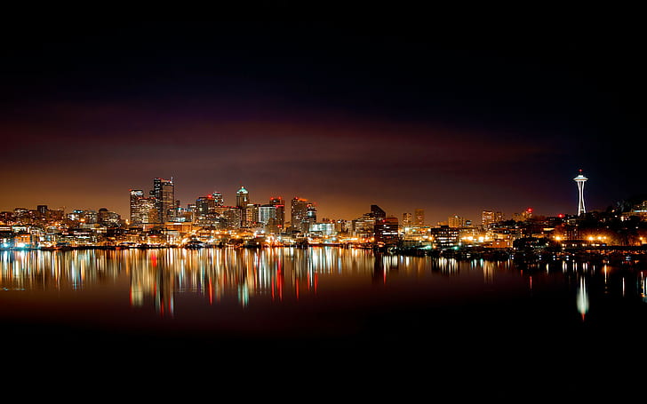 Seattle Skyline Drawing, lake, reflection, cityscape, seattle Free HD Wallpaper