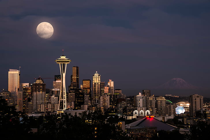 Seattle Skyline, super moon, great wheel, downtown, space needle Free HD Wallpaper