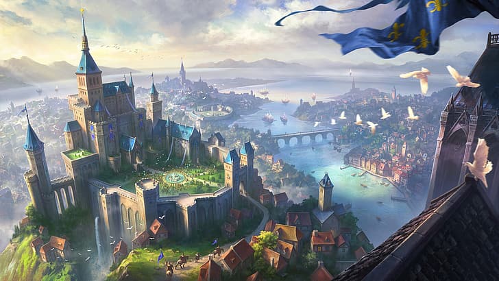 ships, fantasy castle, banner, fantasy art Free HD Wallpaper