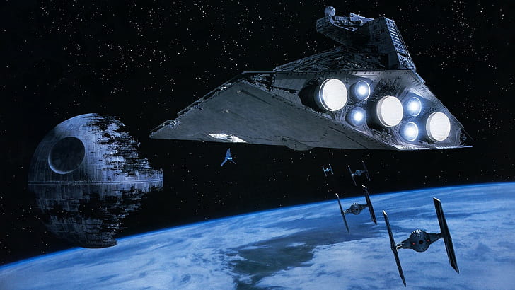 Star Wars Art, star wars, tie fighter, death star, star destroyer Free HD Wallpaper