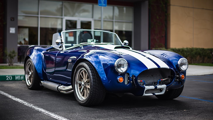 427 Cobra, land vehicle, wheel, garage, blue Free HD Wallpaper