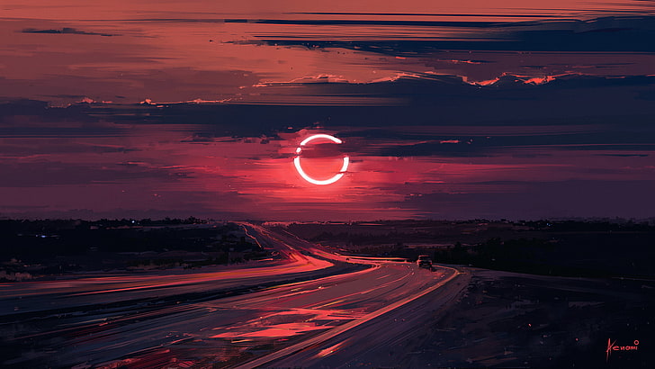 Aesthetic Red Moon Sunset, night, blue, summer, cloud  sky