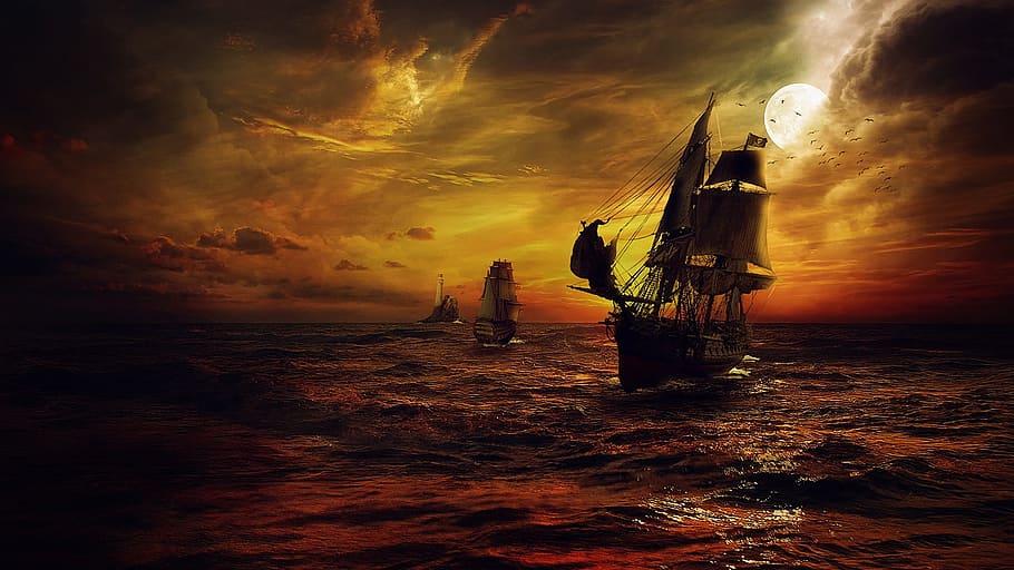Animated Pirate Ship, business finance and industry, beauty in nature, sunset, water Free HD Wallpaper
