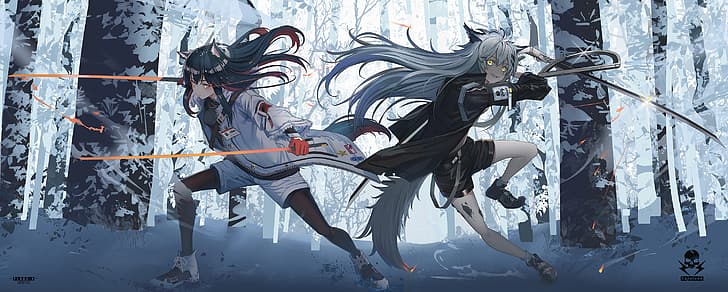 Arknights Wolf Girl, tail, trees, snow, jacket Free HD Wallpaper