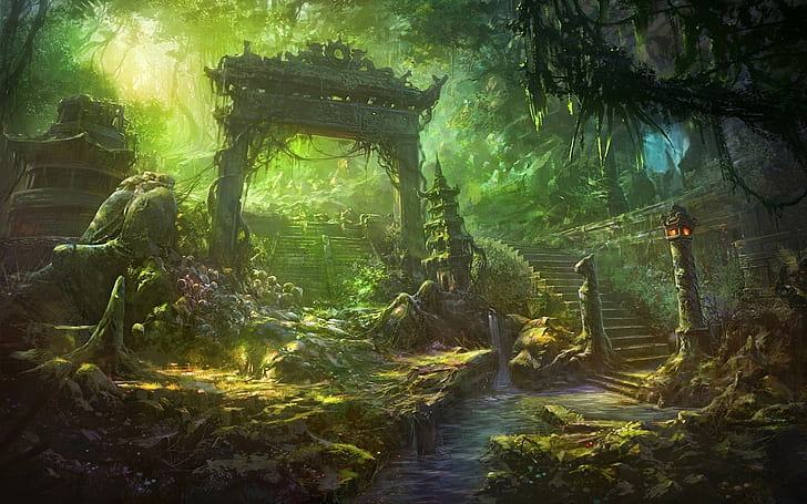 Dark Jungle Art, fantasy art, ruin, jungle, forest