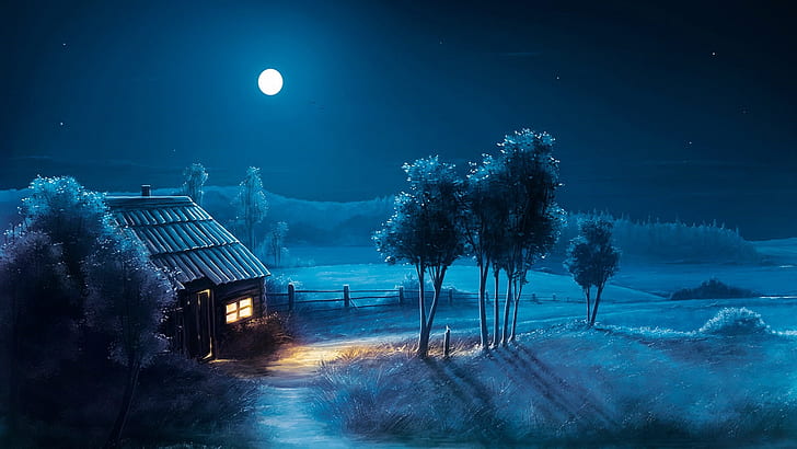 Full HD, darkness, fantasy landscape, night, moon Free HD Wallpaper