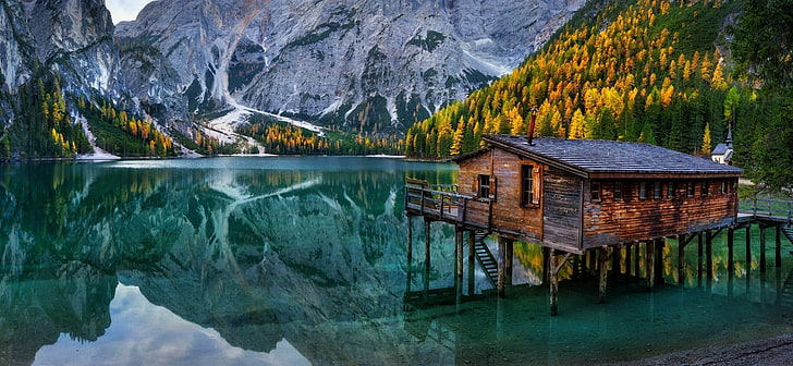 Mountain Cabin Lake and Flowers, architecture, scenics  nature, reflection, no people