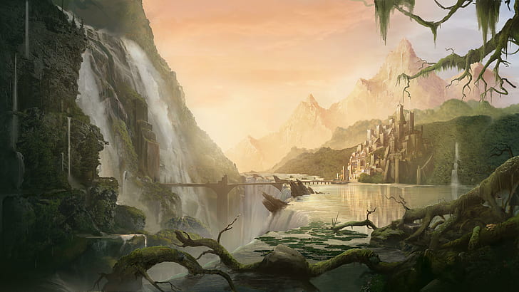 Mountain Forest Painting, jungle, fortress, art, castle