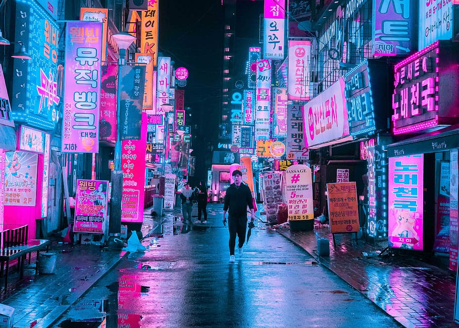 Neon Aesthetic Photography, cyberpunk, built structure, street, korea