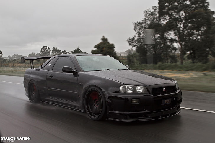 Nissan GT-R 34, tree, tire, on the move, silver colored