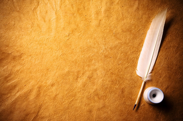 Pen with Paper Scroll, feather, high angle view, white, colored background