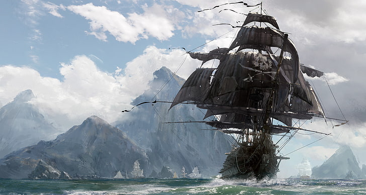 Skeleton Pirate Ship, flying, sea, beauty in nature, waterfront