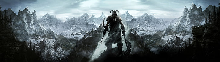 Skyrim Dual Monitor, cold  temperature, video games, valley, fog