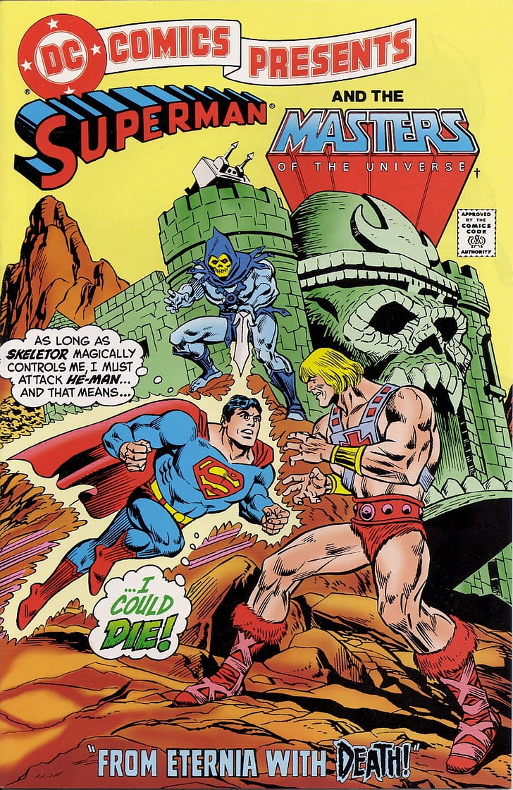 Superman vs He-Man Comic Book, text, communication, female likeness, male likeness