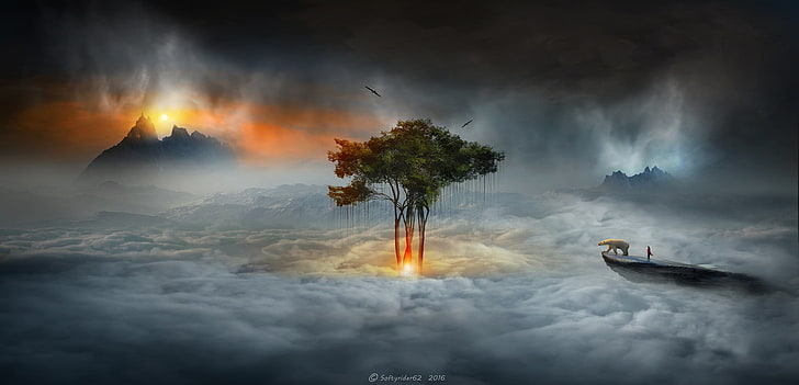 Surrealism Digital Art, clouds, warning sign, volcano, mist Free HD Wallpaper
