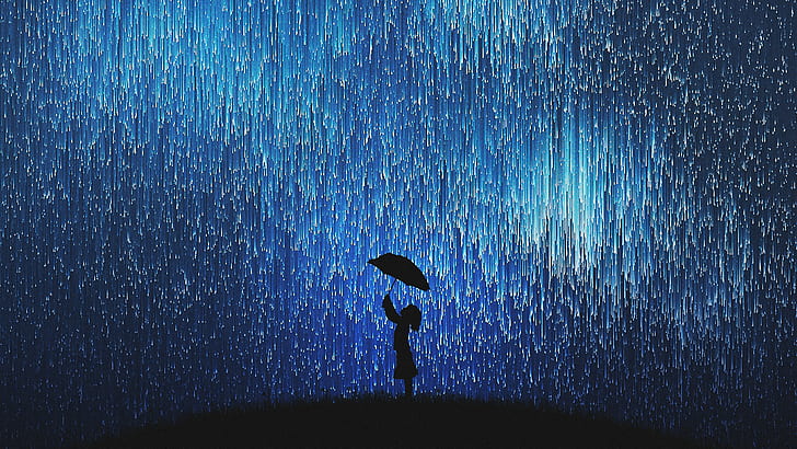 Umbrella and Rain, stars, night sky, children, night Free HD Wallpaper