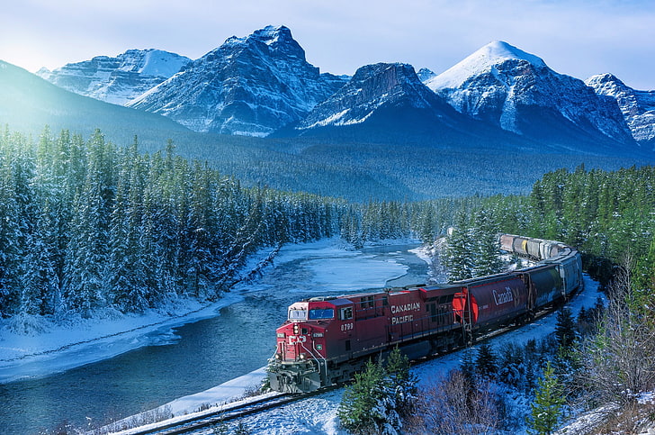 Winter Train Snow Mountain, alberta, plant, canada, people traveling Free HD Wallpaper