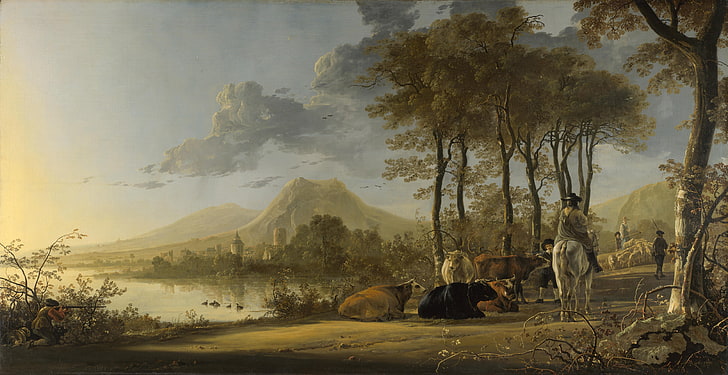 1600s Paintings, mountain, herbivorous, cows, mammal