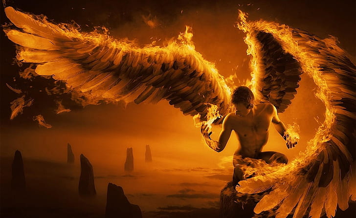 Angel Wings with Fire, manipulation, occult, fire, hell Free HD Wallpaper