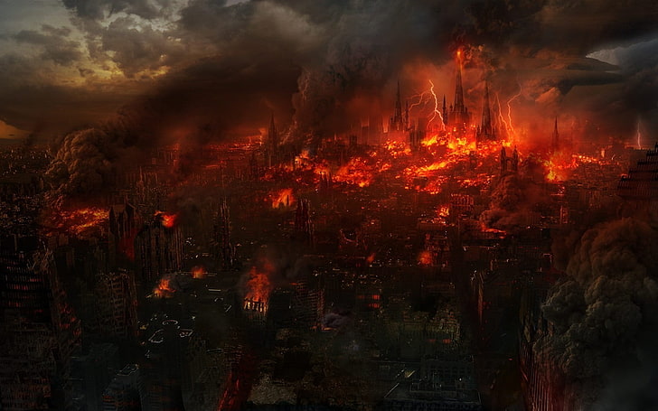 Anime Burning City, destruction, hell, motion, arson Free HD Wallpaper