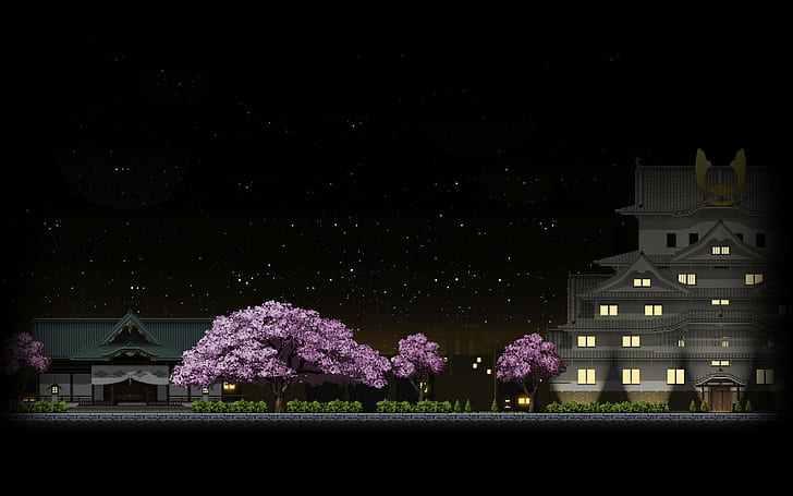 Bitmap Characters, asian architecture, stars, sakura tree, video games