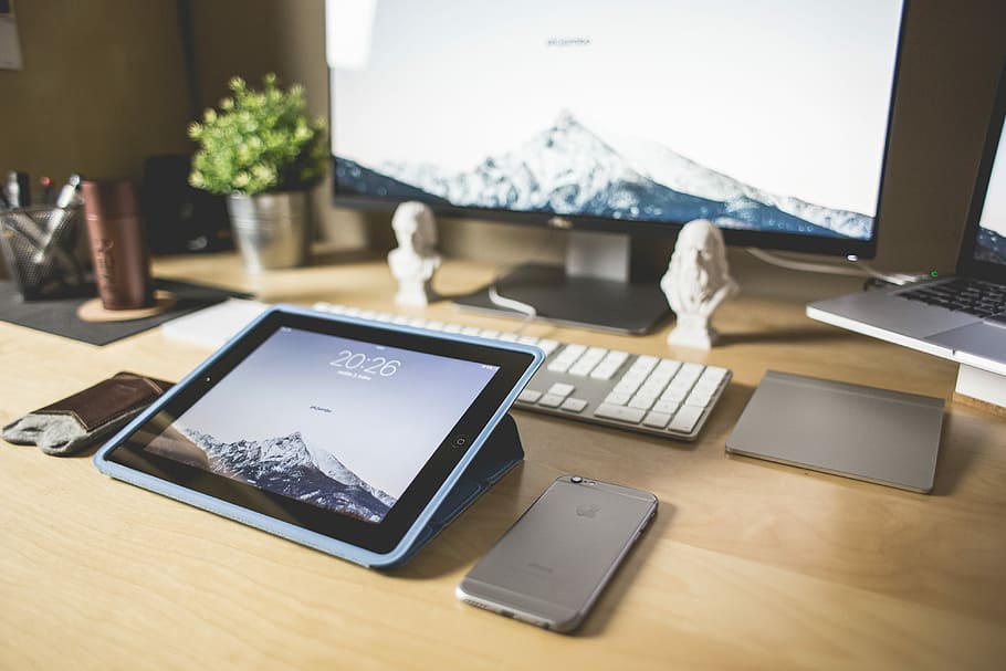 Clean Work Desk, tablet, technology, portability, setup Free HD Wallpaper
