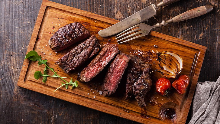 Cooking Steak On Grill, table, fork, grilled, no people Free HD Wallpaper
