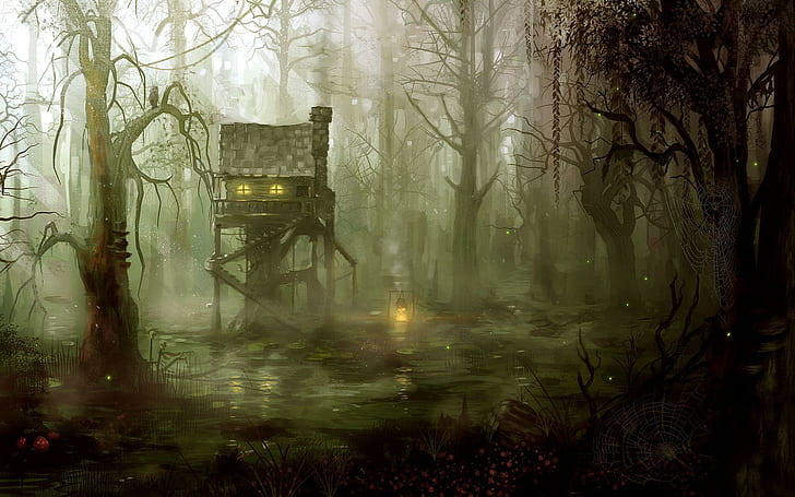 Creepy Forest House, holiday, creepy, 3d and abstract, spooky Free HD Wallpaper