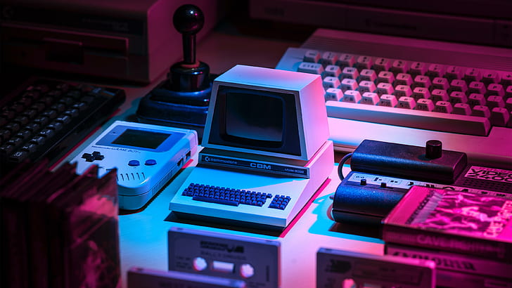 Cute Yellow Aesthetic, mechanical keyboard, joystick, 1980s, 1990s