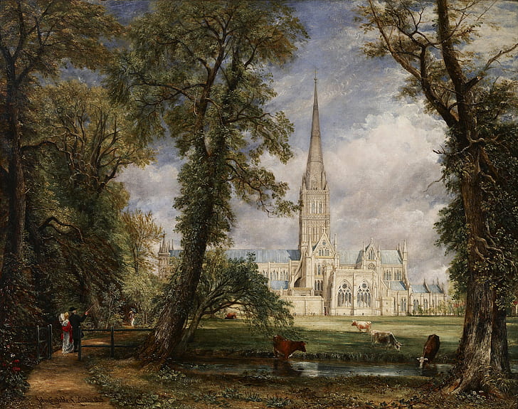 John Constable Painting Church, trees, clouds, cow, animals Free HD Wallpaper