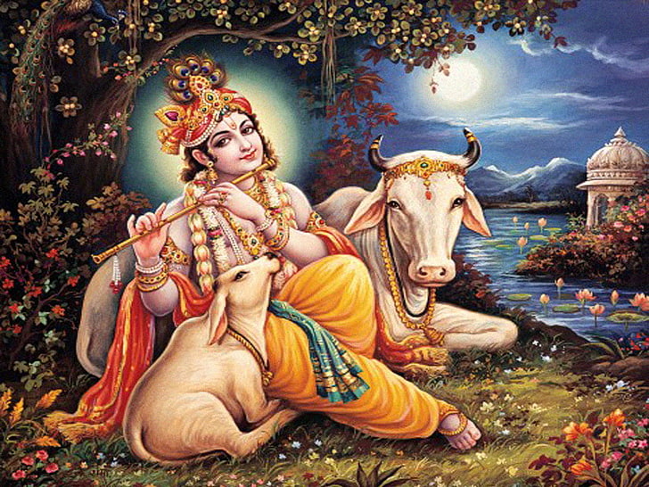 Krishna with Cow Drawing, sitting, young adult, art and craft, nature Free HD Wallpaper