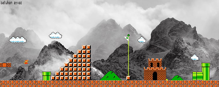 Super Mario Bros Dual Monitor, outdoors, mario, fog, mountain