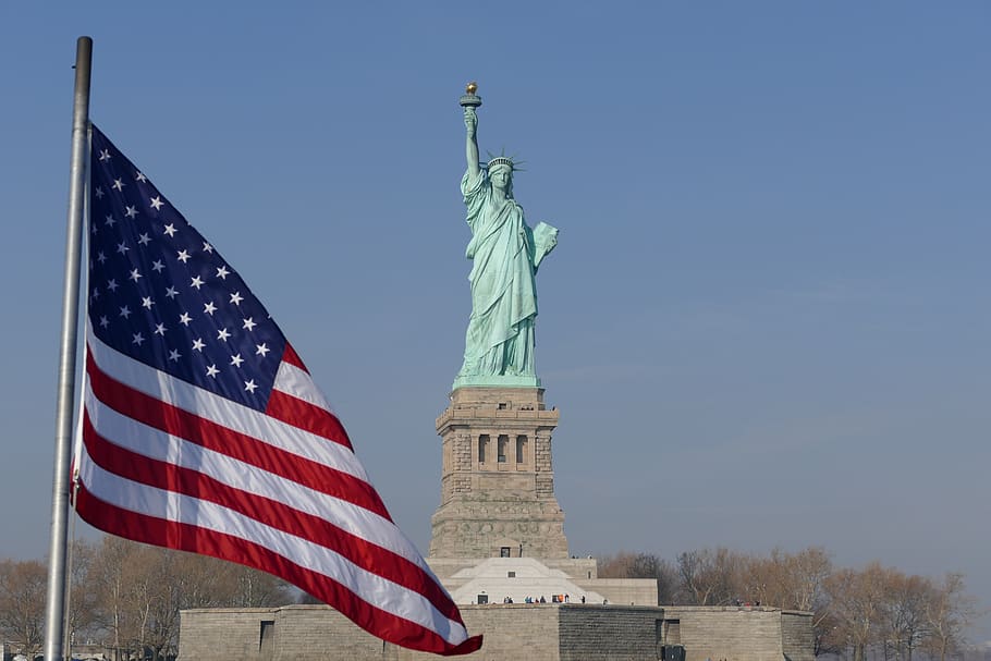 Ukraine Flag On Statue of Liberty, architecture, clear sky, low angle view, sculpture