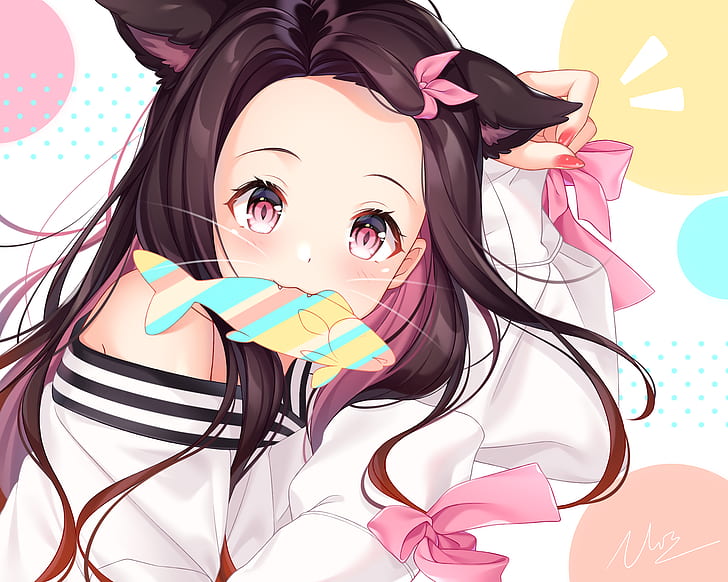 anime girls, neko ears, ribbon, pink Free HD Wallpaper